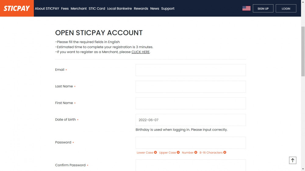 STICPAY registration page